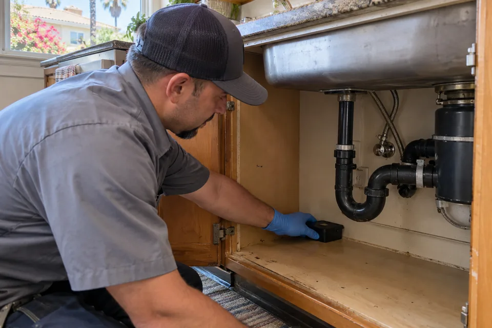 Technician placing a monitor under a kitchen sink, cockroach control in Livonia, Michigan