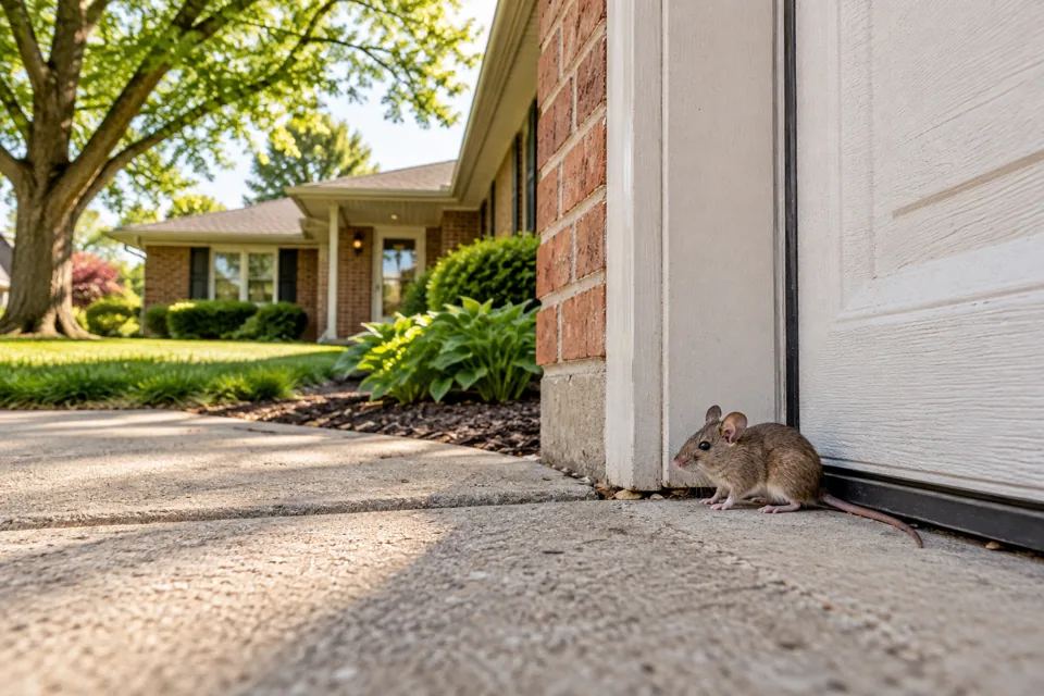 Small house mouse beside a garage door frame