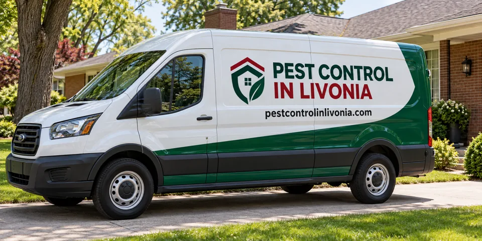 Pest Control in Livonia branded van beside a home